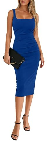 OWIN Women's Sexy Square Neck Sleeveless Ruched Sheath Bodycon Midi Cocktail Party Work Dress, Royal Blue, M