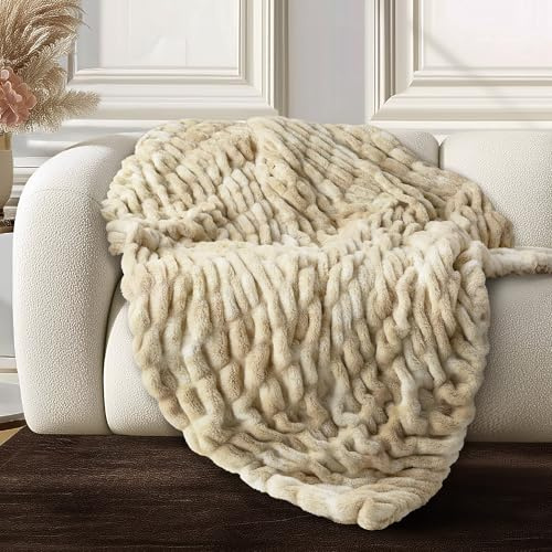 blunique Ultra Soft Cozy Faux Fur Throw Blanket, Fuzzy Plush Thick Bubble Blanket, Oversize Luxury Fluffy Blanket for Couch, Sofa, Bedroom, and Living Room,50x60 Inches,Double Sided Tie-Dye Camel