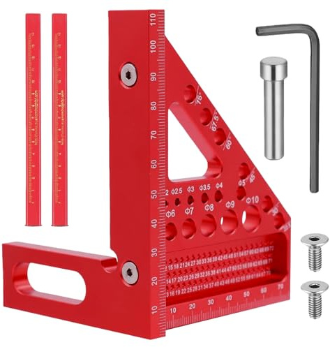 GIONAR 3D Multi-angle Measuring Ruler, Aluminum Set Square Carpentry | 3D Square Tool, Multi Angle Ruler, Pocket Hole Jig, Includes 2 Woodworking Pencils (Red)
