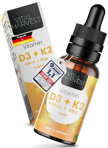Vital Harvest® Premium Vitamin D3 K2 Tropfen 1000 IE 30ml | Hochdosiertes D3 & K2 MK-7 | Veganes Vitamin D3 + Vitamin K2 MK7, laborgeprüft in Deutschland hergestellt - ohne Zusatzstoffe (30 ml)