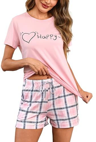 Bresdk Pijama de algodón para mujer, conjunto de verano con estampado en forma de corazón, ropa de dormir de manga corta, pantalones cortos suaves a cuadros con bolsillos