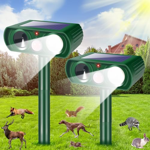 2026 Upgraded Solar Ultrasonic Animal Repellent Cat Deterrent Outdoor Deer Repellent Devices Motion Detection Strobe Light,Waterproof Squirrel Skunk Raccoon Dog Rabbit Deterrent for Garden Yard,2 Pack