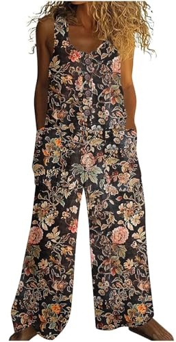 Salopette Femme Lin Coton Ample Respirant Combinaison Pantalon Fluide Été Jambe Large Grande Taille Coupe Droite Palazzo Salopettes de Travail Chic Jumpsuit de Plage Imprimé Bohème Rétro