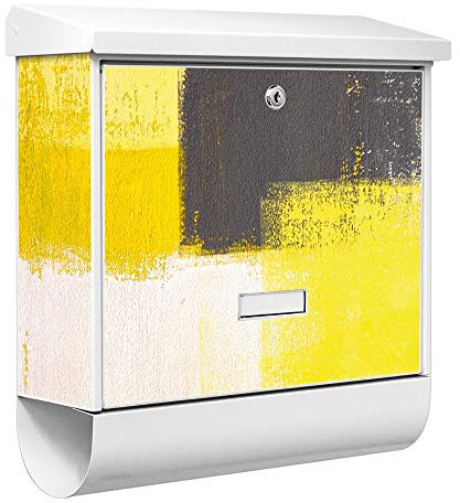 banjado® Burgwächter Briefkasten Weiß 38x39x12cm mit Motiv Abstrakt Gelb/Briefkasten mit Zeitungsfach/Briefkasten mit Zeitungsrolle/Postkasten inkl. Montagematerial & 2 Schlüsseln