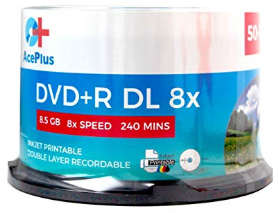 AcePlus 50-pk DVD+R Dual Layer White Inkjet Hub-Printable Discs with 8X Recording Speed and 8.5 GBS of Storage in Cakebox Spindle