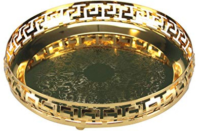 Gold Serving Tray Round Decorative Mirror Polished Pandan Centrepiece Tealight Candles Plate Tea Fruit Platter Snacks Cupcake Drinks 23cm (Style 2 - Gold)