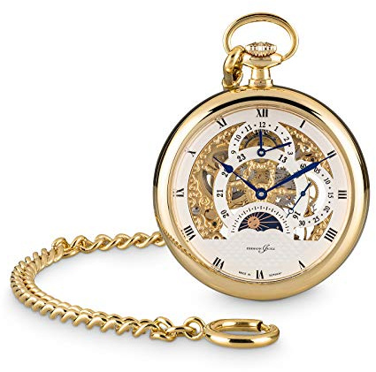 Hermann Jäckle Herren Taschenuhr Tuttlingen Vergoldet Skelett 50 mm | Made in Germany, Dual Time Anzeige, Handaufzugswerk, beidseitig offen, inklusive Kette und Reiseetui