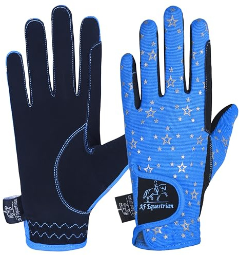 AFE Guanti per bambini per ragazze e ragazzi, unisex, guanti da equitazione, guanti per attività all'aperto, sportivi, guanti da ciclismo, motivo con stelle blu, rosa (design con stelle blu, M)