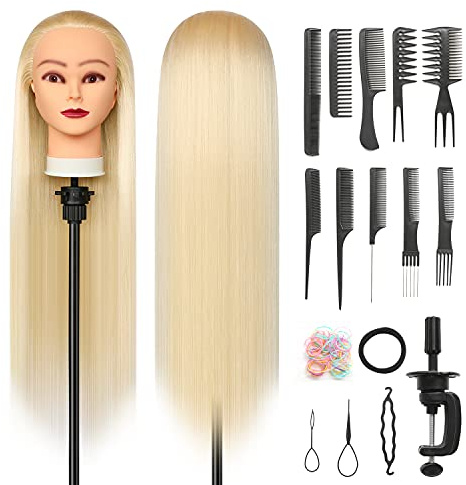 Träningshuvud, 28 inch Frisörsträningshuvud 100% syntetisk fiber hår styling huvud, träningshuvud frisör huvud med gratis klämma och DIY flätning set (Blond)