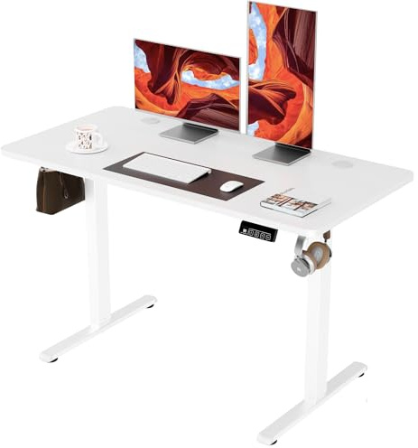 ERGOMAKER Höjdjusterbart Skrivbord 120x60 cm, 2 Minnespositioner, Vit | Höjdjusterbart skrivbord 73-118cm, Maxlast 70kg, 2 Krokar, Smart panel med säkerhetslås, Lamellskiva, Hemmakontor & gaming