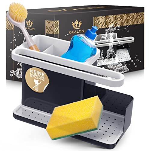 OXALON® Spülbecken Organizer für Küchen als Küchenutensilienhalter mit Schwammhalter Küche, Spüllappenhalter - Spühlbeckenorganiser Küchenorganisation Spüle, Waschbecken schwarz (anthrazit/grau)