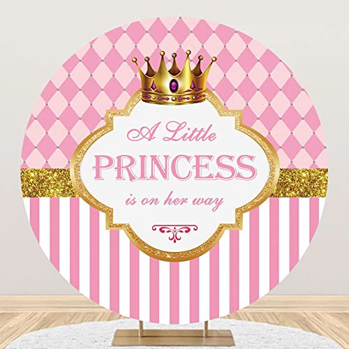 Aoihrraan 220cm Durchmesser Babyparty Runder Hintergrund für Fotografie Prinzessin Pink White Stripe Golden Crown Background Junge Mädchen Geschlecht offenbaren Kindergeburtstagstorte Foto Requisiten