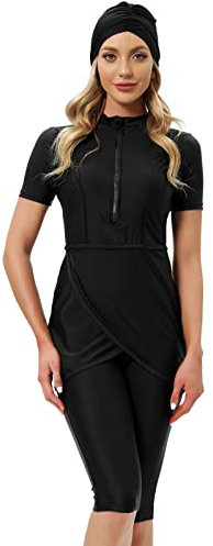 OBEEII Muslimischer Badeanzug für Damen – Hijab Burkini Modest Badeanzug Bademode für Damen, Schlichter, Einteiliger Badeanzug für Damen und Mädchen Schwarz L