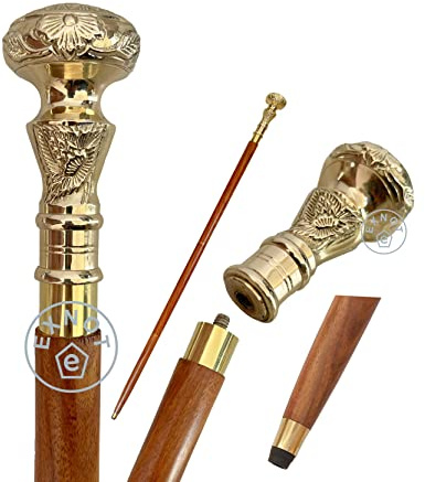 EXNOT Vintage Brass Handle Victorian Telescope Fold able Wooden Walking Stick Walking Cane Ideal Gift