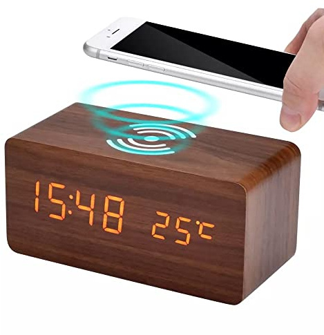 LED Wooden Digital Alarm Clock Qi Wireless Charging, Day Date Temperature Display Bedside with 3 Alarm Settings, Adjustable Brightness, USB/Battery Powered Sound Control for Bedroom, Livingroom, Desk