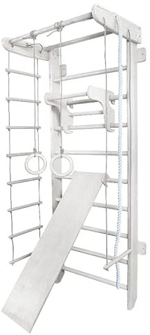 Sprossenwand Weiß Numi Plus aus Holz Indoor + Turnringe | Klettergerüst | Kletternetz Stange