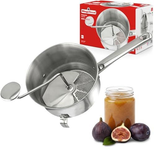 Magefesa Doux Stainless Steel Food Mill, 7-Inch Rotary Food Mill with Fixed Grinding Disc for Tomato Sauce and Mashed Potatoes, Collecting Rod Base