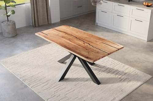 SAM Baumkantentisch 120 x 80 cm Polly, Epoxidharz-Adern in Schwarz, Akazienholz massiv + naturfarben, Esstisch mit Spider-Eisengestell Schwarz, Tischplatte 26 mm, echte Baumkante
