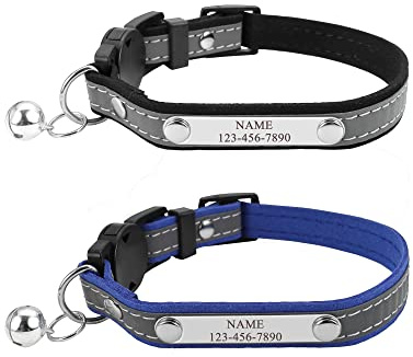 Mogokoyo 2er Pack Glöckchen Katzenhalsband mit Namen und Telefonnummer Personalisiert Reflektierend Katzenhalsband mit Sicherheitsverschluss Verstellbar Halsband für Katze (Stil 1- Schwarz&Blau)