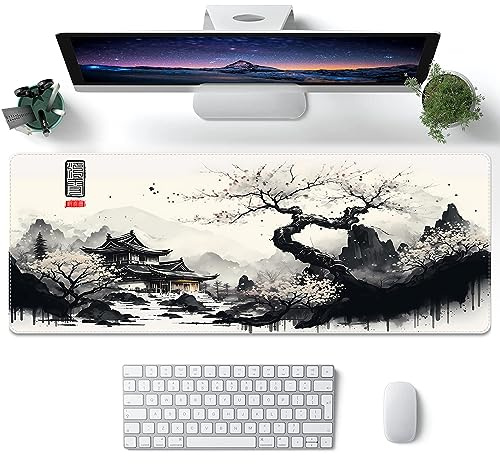 ProbTis Tapis de souris japonais blanc, grand tapis de bureau en fleurs de cerisier XL, tapis de clavier de jeu animé, base en caoutchouc antidérapant, grande protection de bureau étendue pour bureau