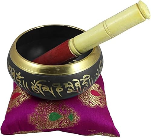 Tibetische Klangschale aus Metall, handbemalt, 11,4 cm, Musikinstrument für Meditation mit Stick und Kissen, für Meditation und Heilung