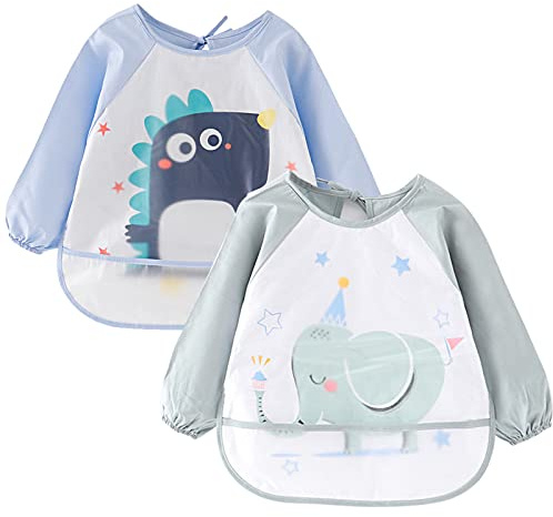 Lätzchen mit ärmeln, 2 Pack wasserdichte Baby-Lätzchen, blau und grün