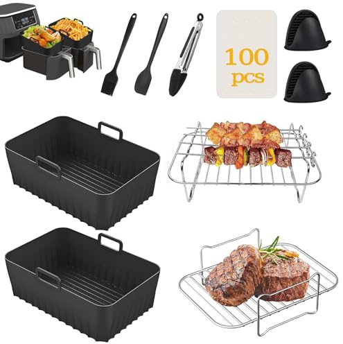Esteopt Air Fryer Accessories Ninja Set of 10 Including Silicone Air Fryer Liner & Dual Air Fryer Racks & 100Pcs Paper Lining & Silicone Gloves for Ninja Dual AF300UK AF400UK, Black