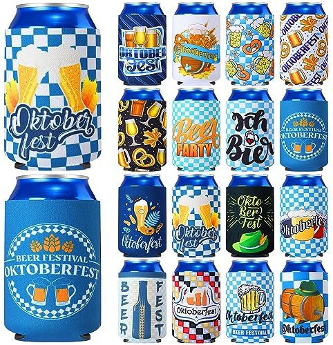 Tioncy 16 Pcs Oktoberfest Beer Can Sleeves Oktoberfest Bavarian Can Coolers Multicolor Can Sleeve Coolers Insulated Collapsible Reusable Beer Drink Covers for 12 oz Cans Bottle Beverage (Classic)