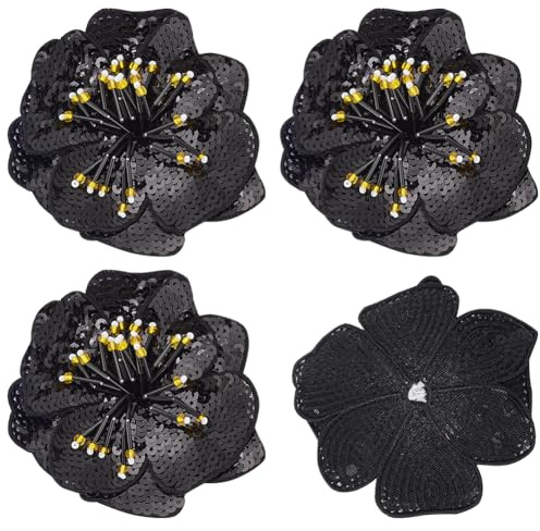 BENECREAT 4PCS 3D Flower Sequins Beaded Patch, 11x10cm DIY Flower Decorated Motifs Applique for Clothes Brooch Sew On Embroidered Patch Applique, Black, PATC-WH0012-01C-EU