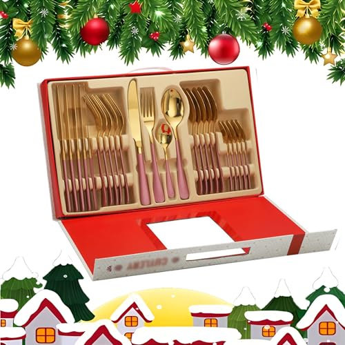 SinSed löffel Weihnachten sternSchaffen Sie eine Festliche Atmosphäre mit einem Weihnachtsgeschirr-Geschenkpaket mit 24 Kaffeelöffeln und Gabeln, die für Steaksalate geeignet sind(Color:1)