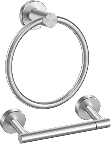 FORIOUS Toilet Paper Holder Wall Mount, SUS304 Stainless Steel Double Post Pivoting Tissue Roll Holder and Hand Towel Ring Set for Bathroom, RV, Bathroom Hardware Accessories Set, Brushed Nickel