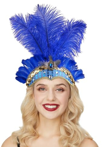 Novelty Karneval-Kopfschmuck mit Federn, Feder Kopfschmuck Federschmuck Gold-schwarz, Brasilianischer Feder Kopfschmuck Karneval Federkopfschmuck Tänzerin Federkopfschmuck Karneval (Blue, One Size)