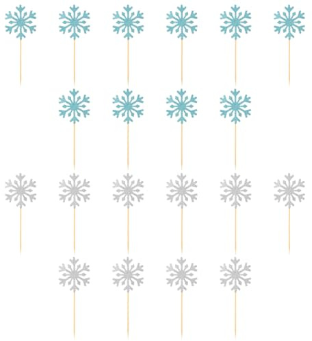 Schneeflocken-Cupcake-Topper – GLADFRESIT – 20 Stück gefrorene Cupcake-Topper, Zahnstocher, Winter-Wunderland-Kuchendekorationen für Geburtstagsparty, Weihnachten, Hochzeit, Party (Blau und Silber)
