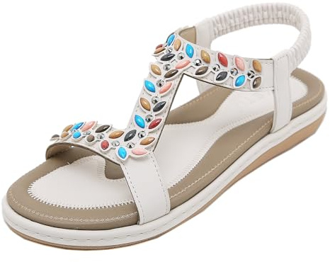 Artykey Women's Sandals Bohemia Summer Vintage Beach Flats Beaded Ankle Strappy Sandal Athletic Hiking Sandals Outdoor Walking Sandals