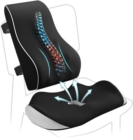 VIMACSA Set 2 Cojín Lumbar Alto+Cojín Coxis, Respaldo Lumbar Silla Oficina y Coche Ergonómico, Cojin de Asiento Antiescaras, Alivio Dolor Espalda y Ciática, Cojin Viscoelástico Espalda Silla Gaming