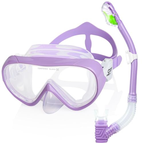 Snorkelset för barn, dykglasögon för barn som inte dimma och torr snorkel – anti-läckage dykmask, torr snorkling set för pojkar flickor 4–14 (lila set)
