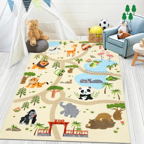 Enyhom Dicker Spielteppich Kinderteppich Ultraweiche rutschfest Spielmatte Waschbar Zoo Tiere Kinderteppich für Mädchen Jungen,Straßenteppich, 100 x 150 cm
