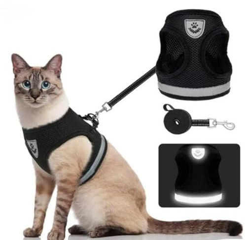 SWZEC Dein Lieblingstier 2-in-1 Katzengeschirr inkl. Leine mit Reflexstreifen, strapazier- und anpassbar (XS,Schwarz)