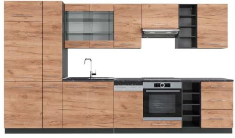 Vicco Küchenzeile Fame-Line, Goldkraft Eiche/Anthrazit, 355 cm | 12 Module · Höhenverstellbare Füße · AP Anthrazit inkl. · Robuste Fronten · Softclose · Metallgriffe