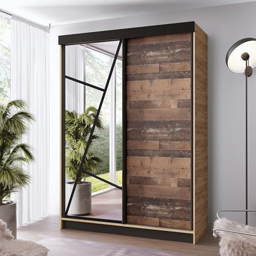 KIER FURNITURE - Schrank mit Spiegel - Kleiderschrank mit Schiebetüren, Fachböden und Kleiderstange - Garderobenschrank für Schlafzimmer, Flur - Craft Eiche & Old Style Holzoptik - 138x205x59cm
