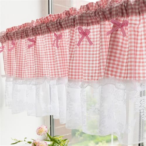 Scheibengardine Landhausstil Kurzgardine Boho Kurze Vintage Spitze Häkelgardine mit Spitze Vintage Bistrogardine Kurz Gardinen Kleines Fenstervorhang Küche Vorhänge (Rosa,1 Stüick, W 100x H 45 cm)