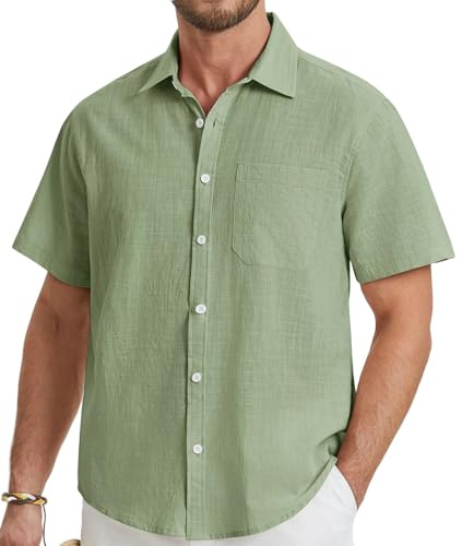 HISDERN Herr kortärmade linnetröjor ledig button-down vanlig skjorta med ficka för sommar strand normal passform, Salviagrön, L