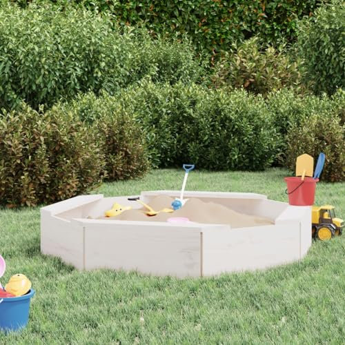 Tidyard Sandkasten mit Sitzen Holzsandkasten Sandkiste Sandboxen Spielgeräte für Outdoor-Unterhaltung Weiß Achteck Massivholz Kiefer
