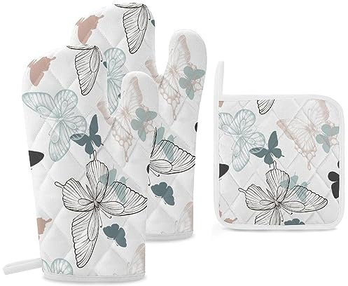 Ofenhandschuhe und Topflappen, Motiv: Aquarell-Schmetterling, skandinavischer Stil, Kochhandschuhe, Kochgeschirr, Backgeschirr, Grillen, 3-teiliges Set