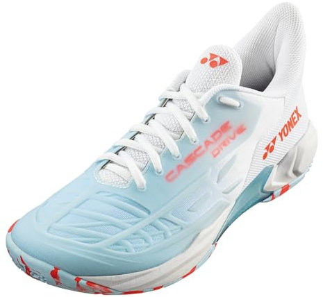 YONEX Cascade Drive Hochwertige Badmintonschuhe für schmale Füße Herren und Damen viele Farben (White/Water Blue, EU Schuhgrößensystem, Erwachsene, Numerisch, Schmal, 40)