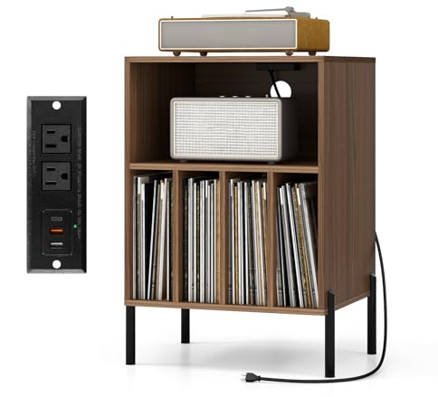 GOPLUS Meuble Platine Vinyles avec Station de Charge, 2 Prise, 2 USB & 1 Type C, Support Tourne-Disque avec 5 Compartiments, Kits Anti-basculement, Pieds en Métal, 53x45x78,5cm (Noyer)