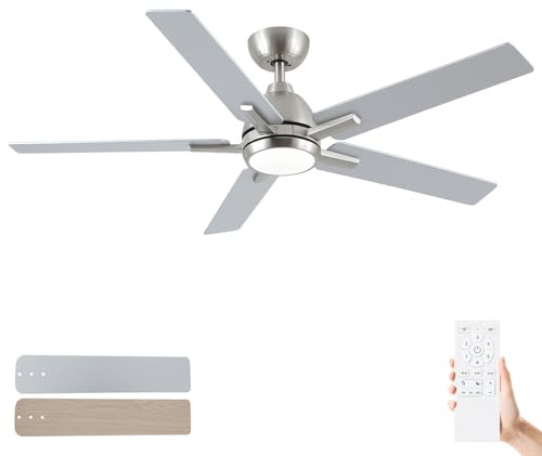 Sevenine 52 Inch Ceiling Fans with Lights and Remote, Brushed Nickel Ceiling Fan with 5 Balde for Outdoor/Bedroom Living Room, Downrod, 6 Speed Reversible DC Motor, 3CCT Dimmable Timer, ETL Listed