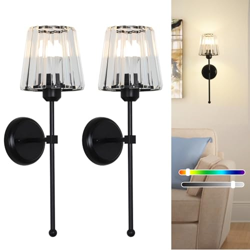 Stepeak Battery Operated Wall Lights Set of 2, Rechargeable Wall Lights Indoor with USB RGB Bulb & Remote, Black Glass Wireless Wall Light Sconce, Battery Operated Wall Lamp for Bedroom Living Room
