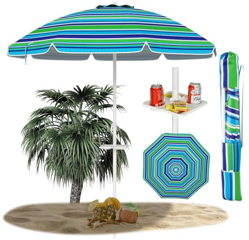 RELAX4LIFE Parasol de Plage, Parasol Incliné Pliable Portable avec Ancrage pour Sable, Protection Solaire, Sac de Transport pour Plage, Patio, Jardin (Φ220xH220cm,Bleu-Vert)