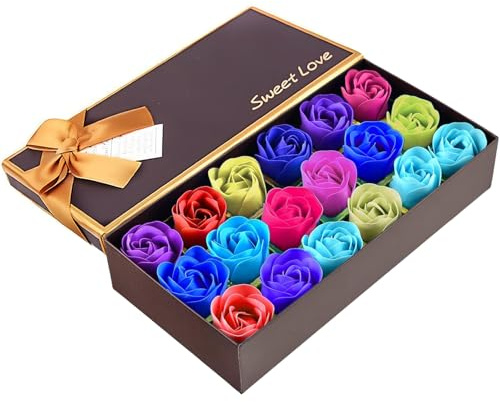 XLKJ Lot de 18 savons parfumés faits à la main en forme de fleur de rose dans une boîte cadeau pour anniversaire/mariage/Saint-Valentin (coloré)